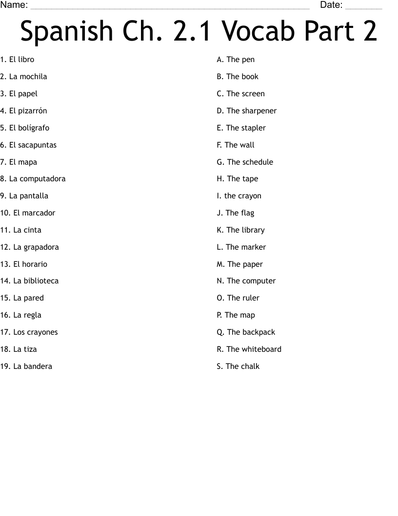 Spanish Ch. 2.1 Vocab Part 2 Worksheet