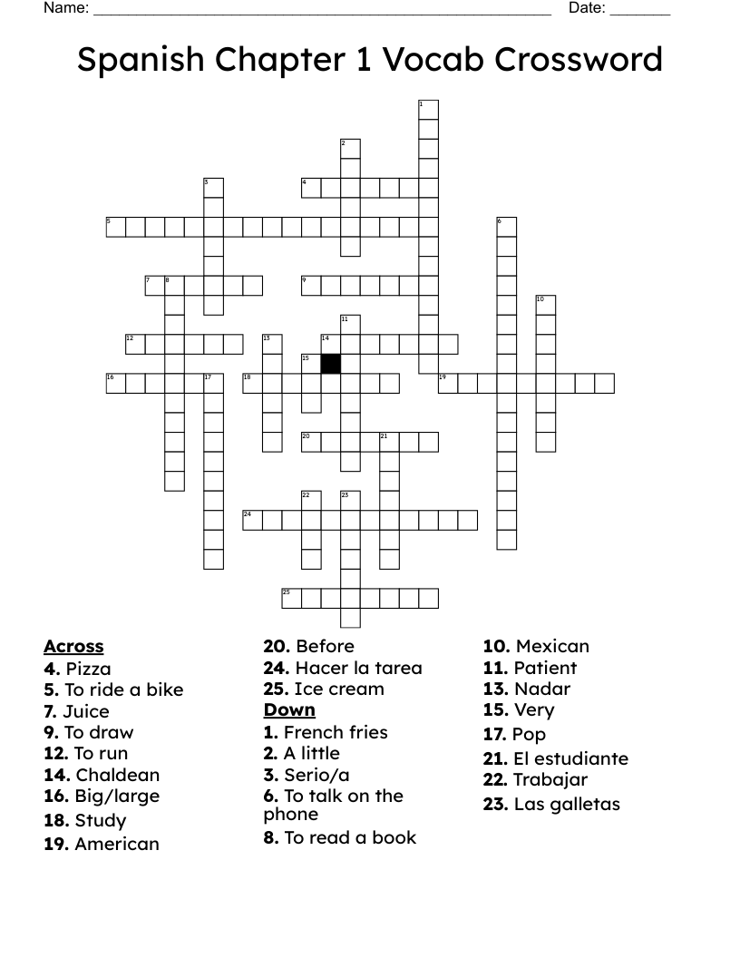 Spanish Chapter 1 Vocab Crossword