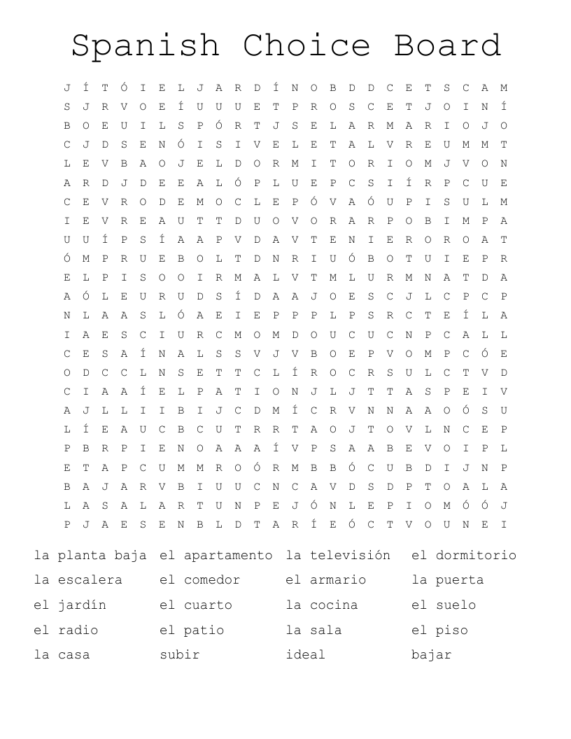 Spanish Choice Board Word Search