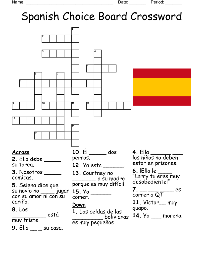 Spanish Choice Board Crossword