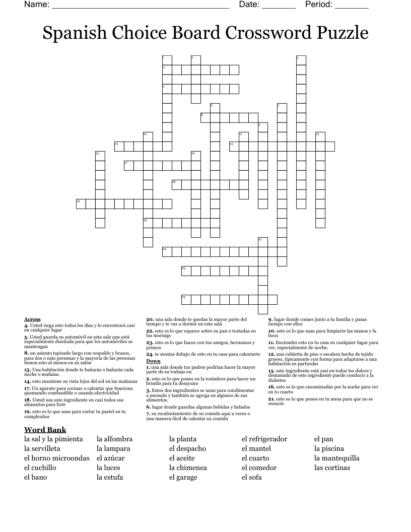Spanish Choice Board Crossword Puzzle
