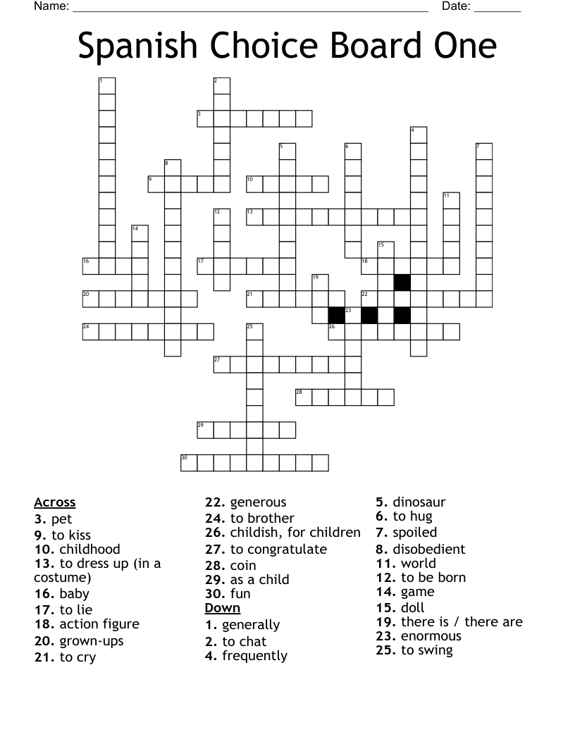 Spanish Choice Board One Crossword