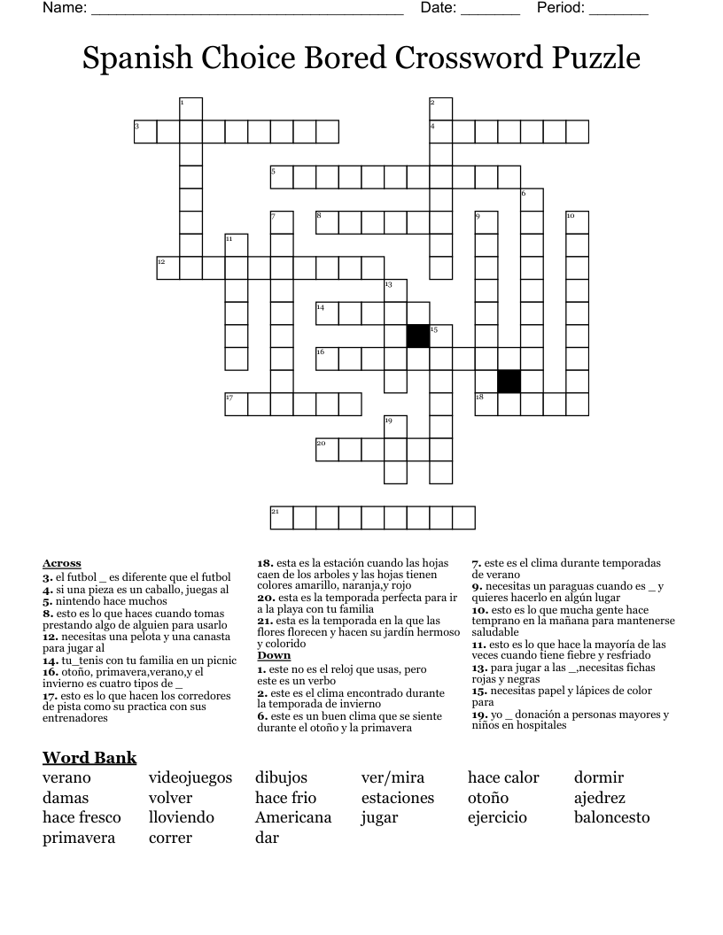 Spanish Choice Bored Crossword Puzzle  