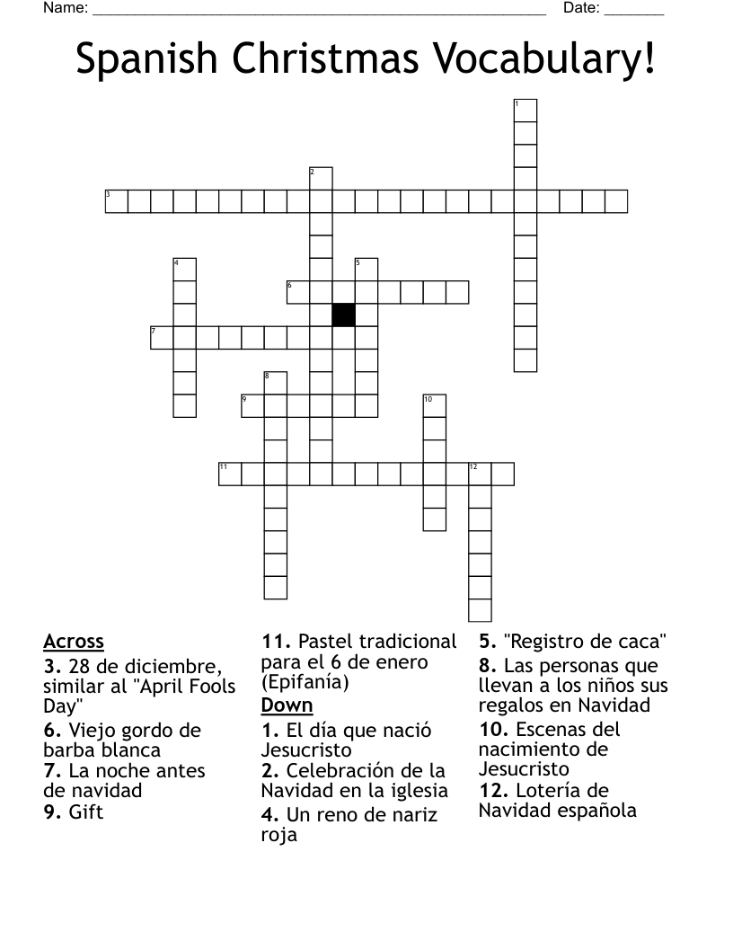 Spanish Christmas Vocabulary! Crossword