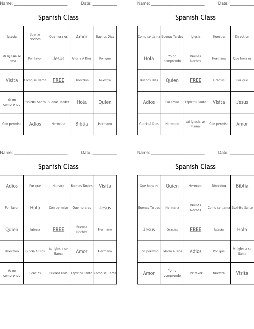 Spanish Class Bingo Cards