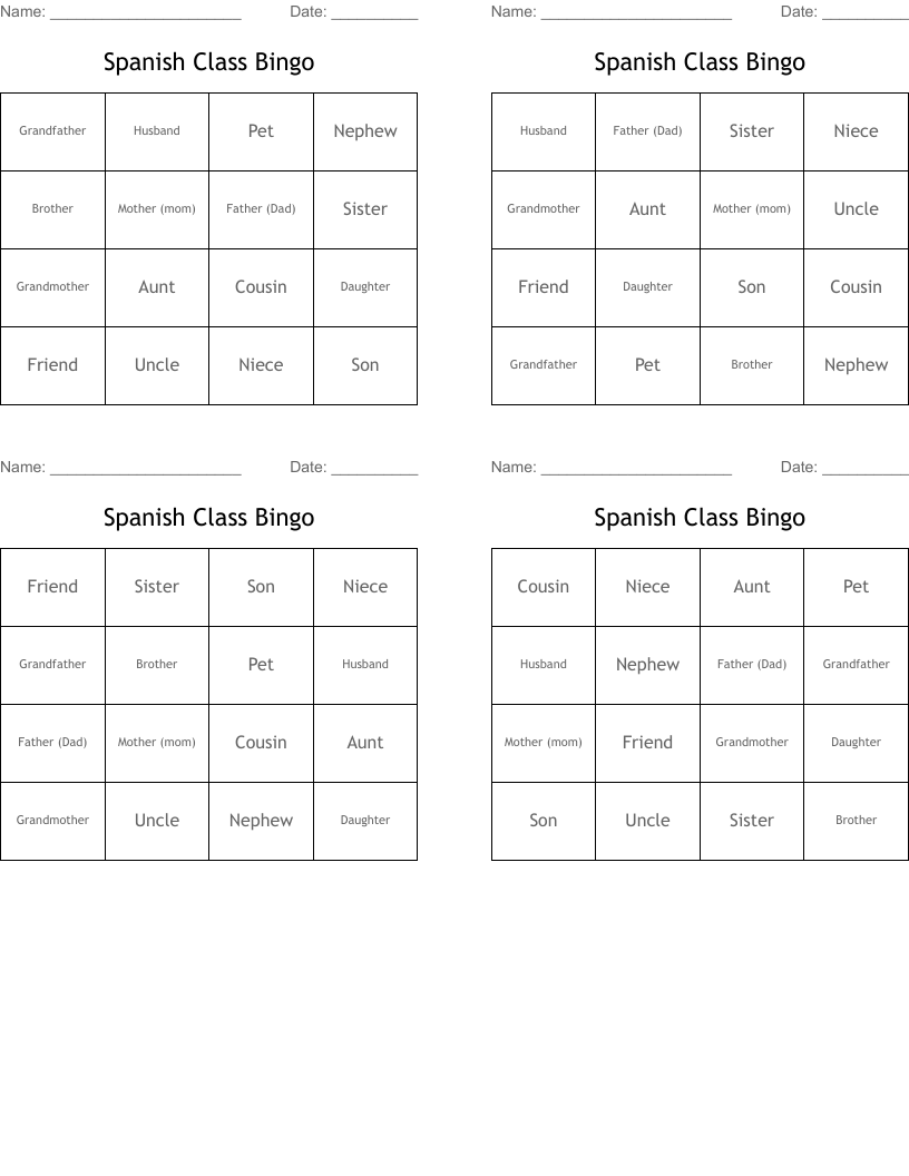 Spanish Class Bingo