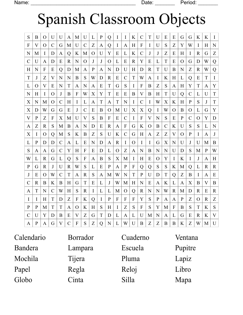 Spanish Classroom Objects Word Search