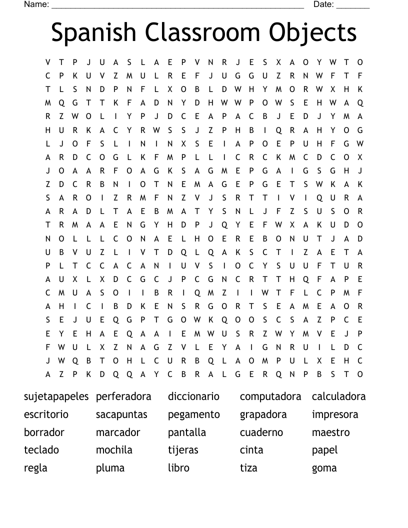 Spanish Classroom Objects Word Search