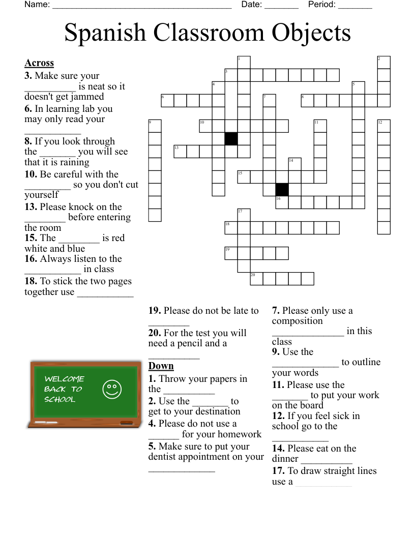 Spanish Classroom Objects Crossword