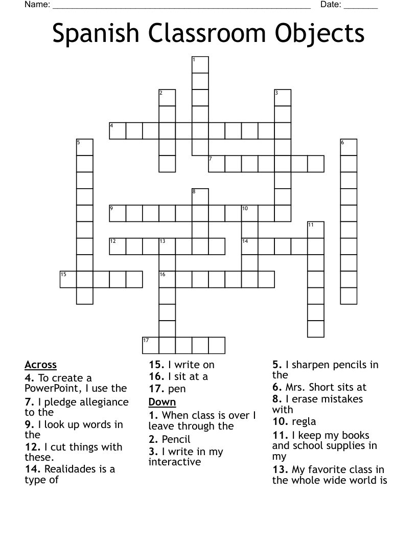 Spanish Classroom Objects Crossword