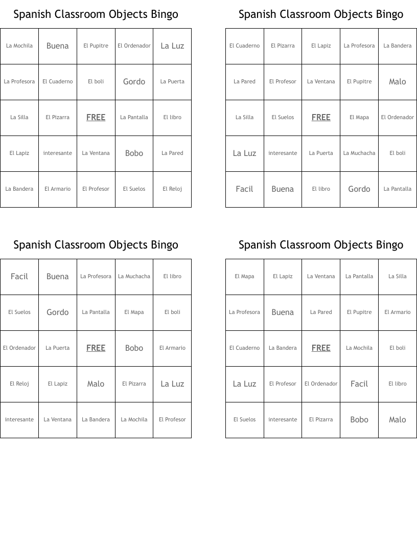 Spanish Classroom Objects Bingo