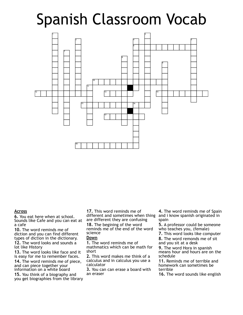 Spanish Classroom Vocab Crossword