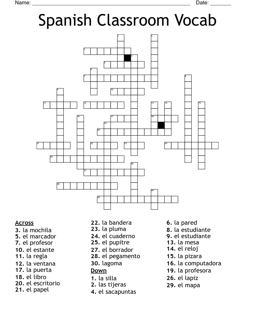 Spanish Classroom Vocab Crossword