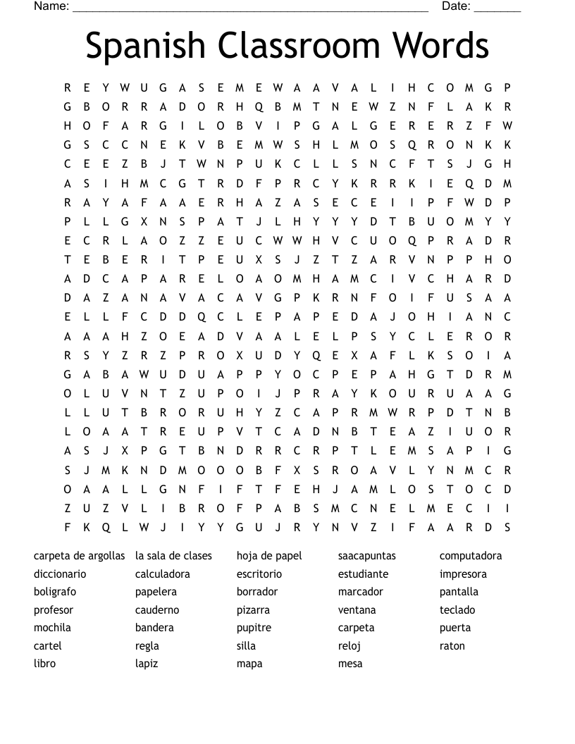Spanish Classroom Words Word Search