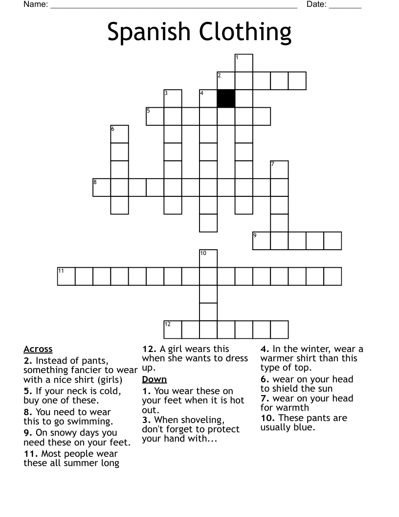 Spanish Clothing Crossword