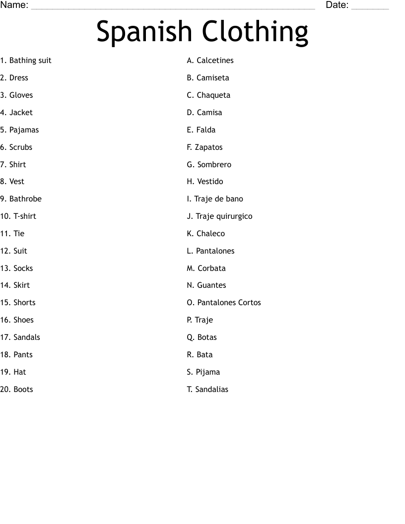 Spanish Clothing Worksheet