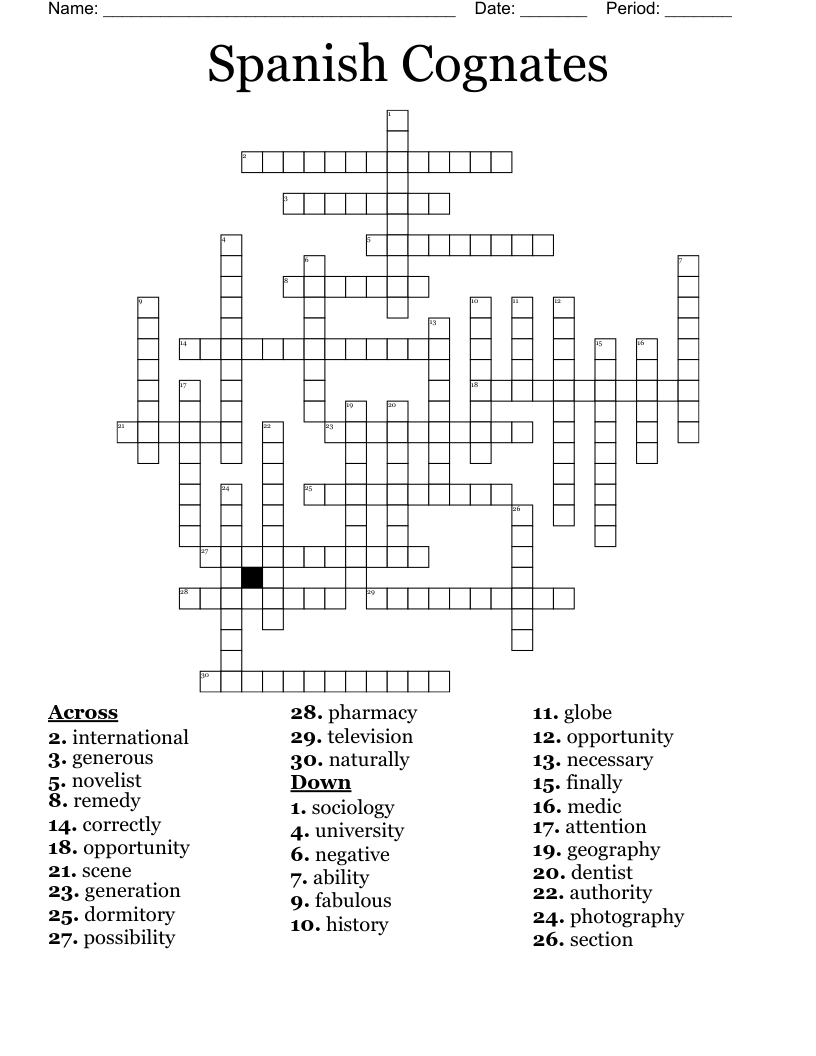 Spanish Cognates Crossword