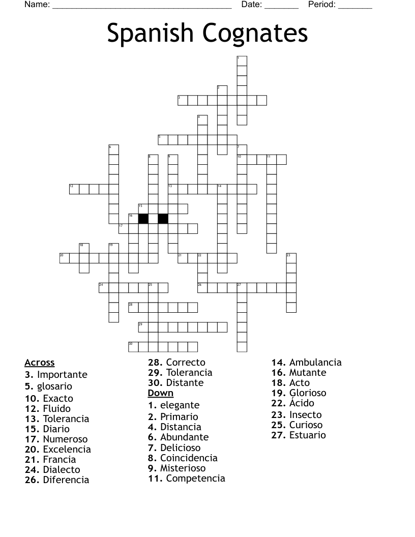 Spanish Cognates Crossword