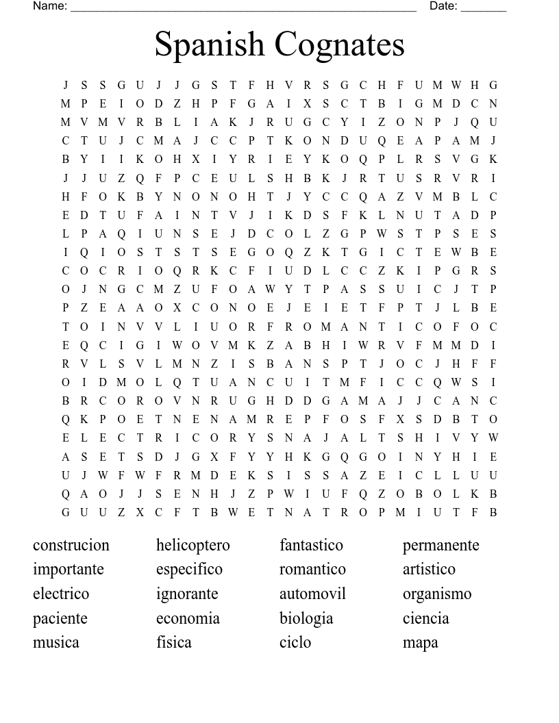 Spanish Cognates  Word Search