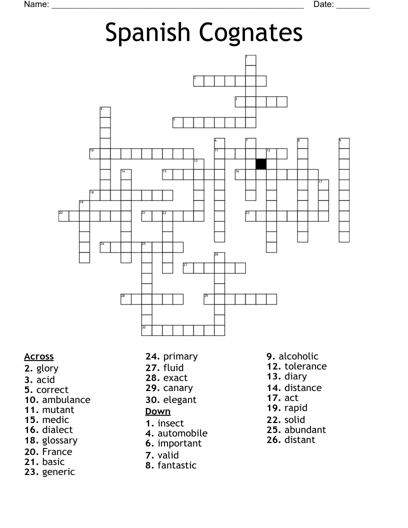 Spanish Cognates  Crossword