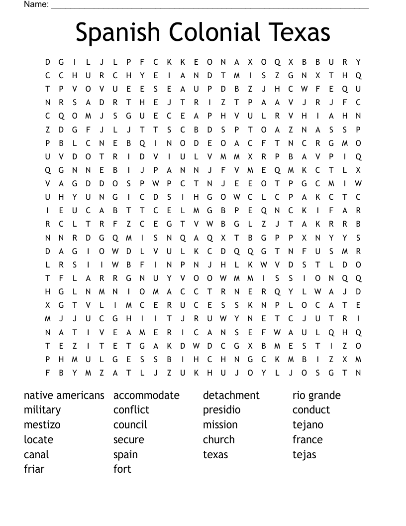 Spanish Colonial Texas Word Search
