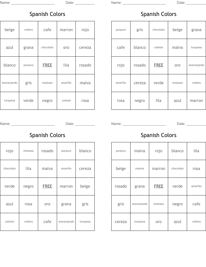 Spanish Colors Bingo Cards