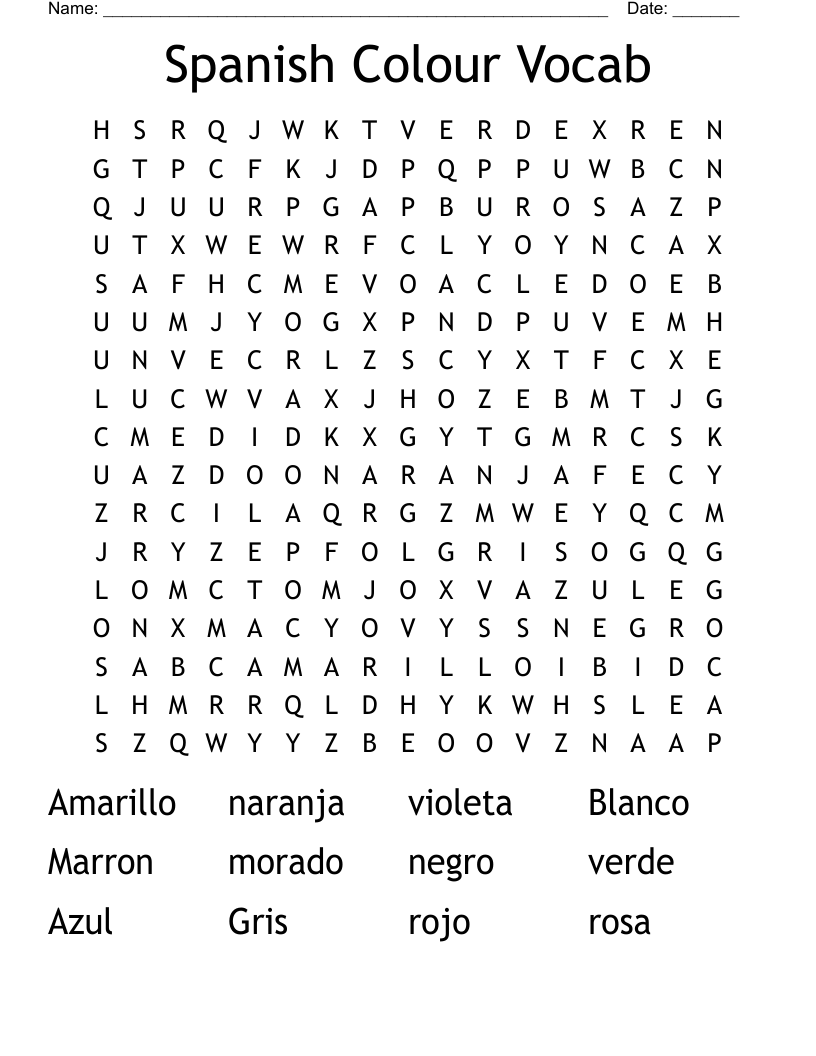 Spanish Colour Vocab Word Search