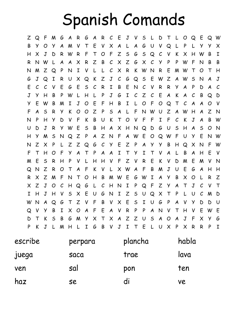 Spanish Comands Word Search