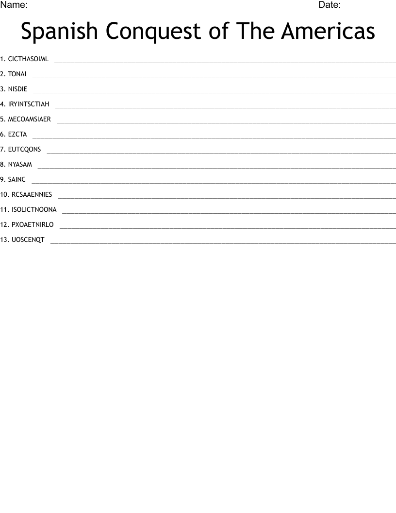 Spanish Conquest of The Americas Word Scramble