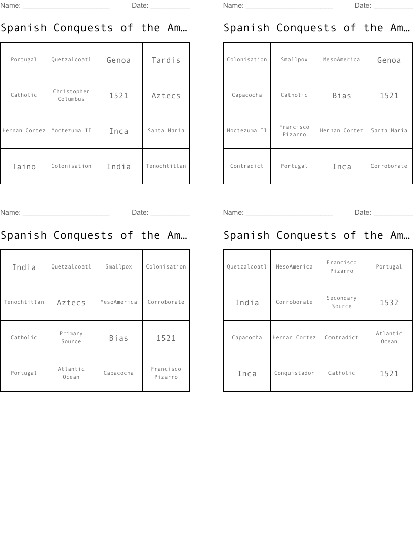 Spanish Conquests of the Americas Bingo Cards