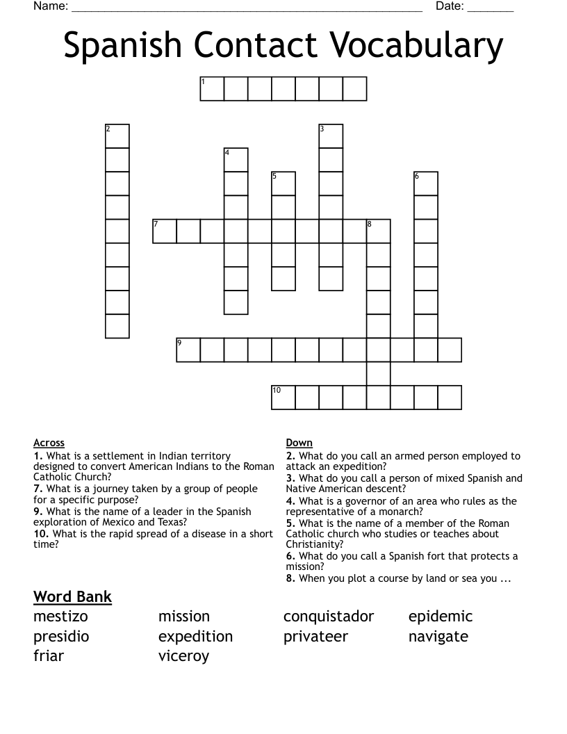 Spanish Contact Vocabulary Crossword