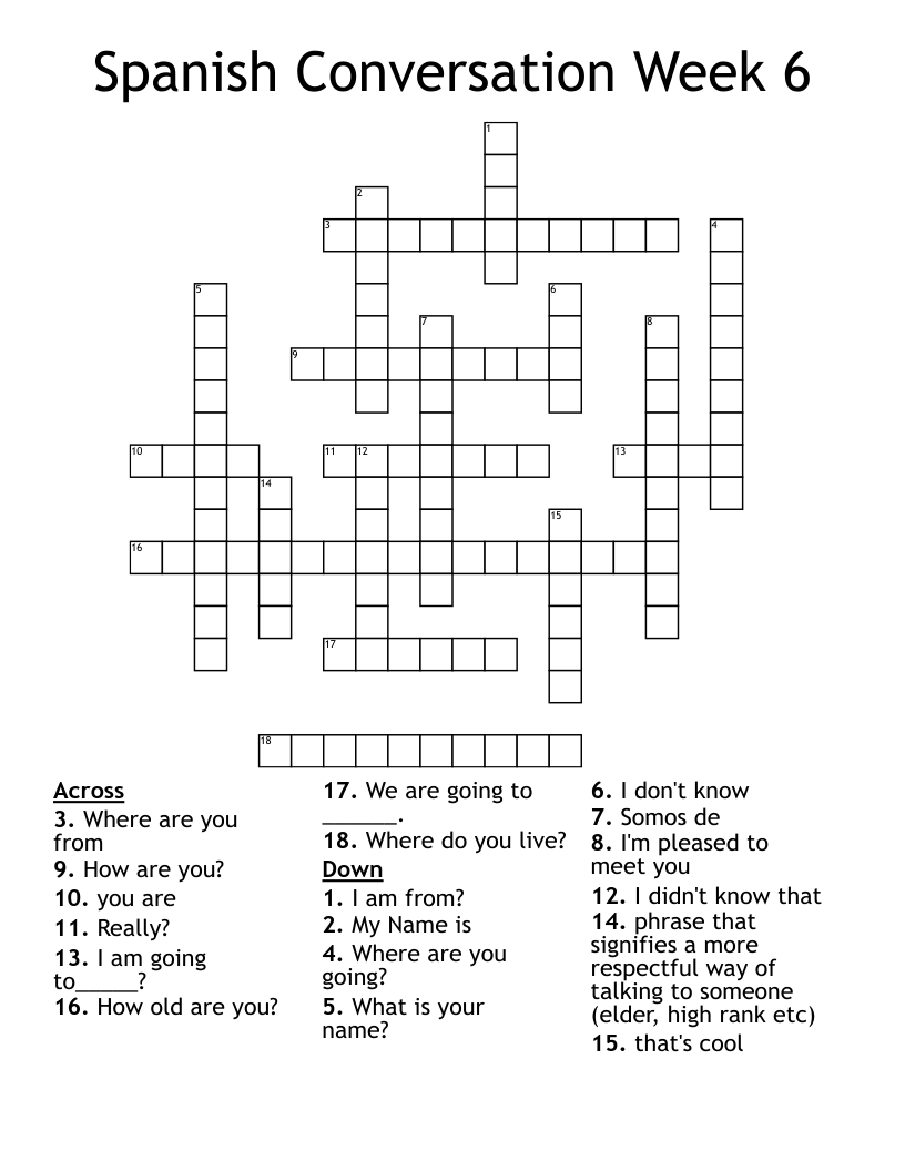Spanish Conversation Week 6 Crossword