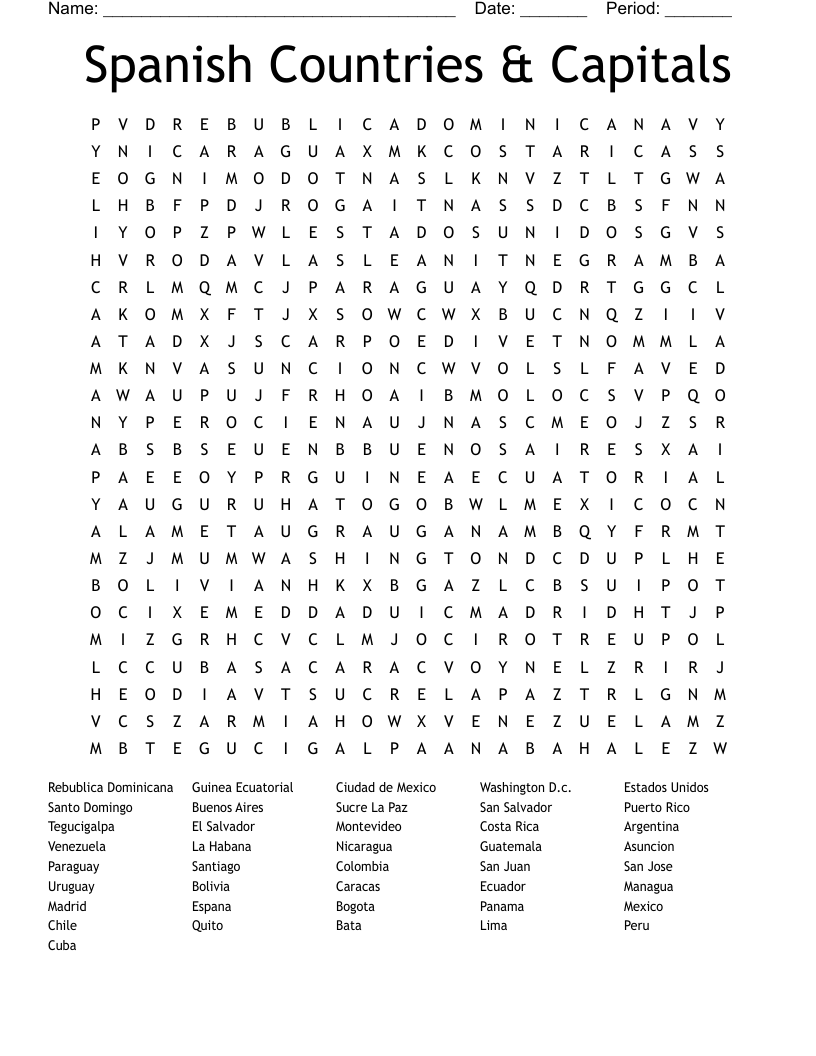 Spanish Countries & Capitals Word Search