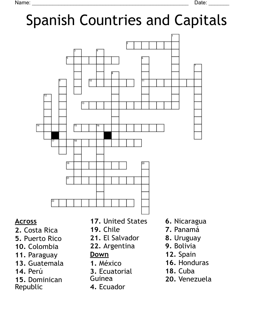 Spanish Countries and Capitals Crossword