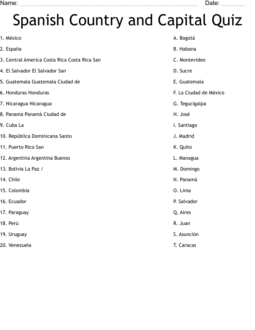 Spanish Country and Capital Quiz Worksheet