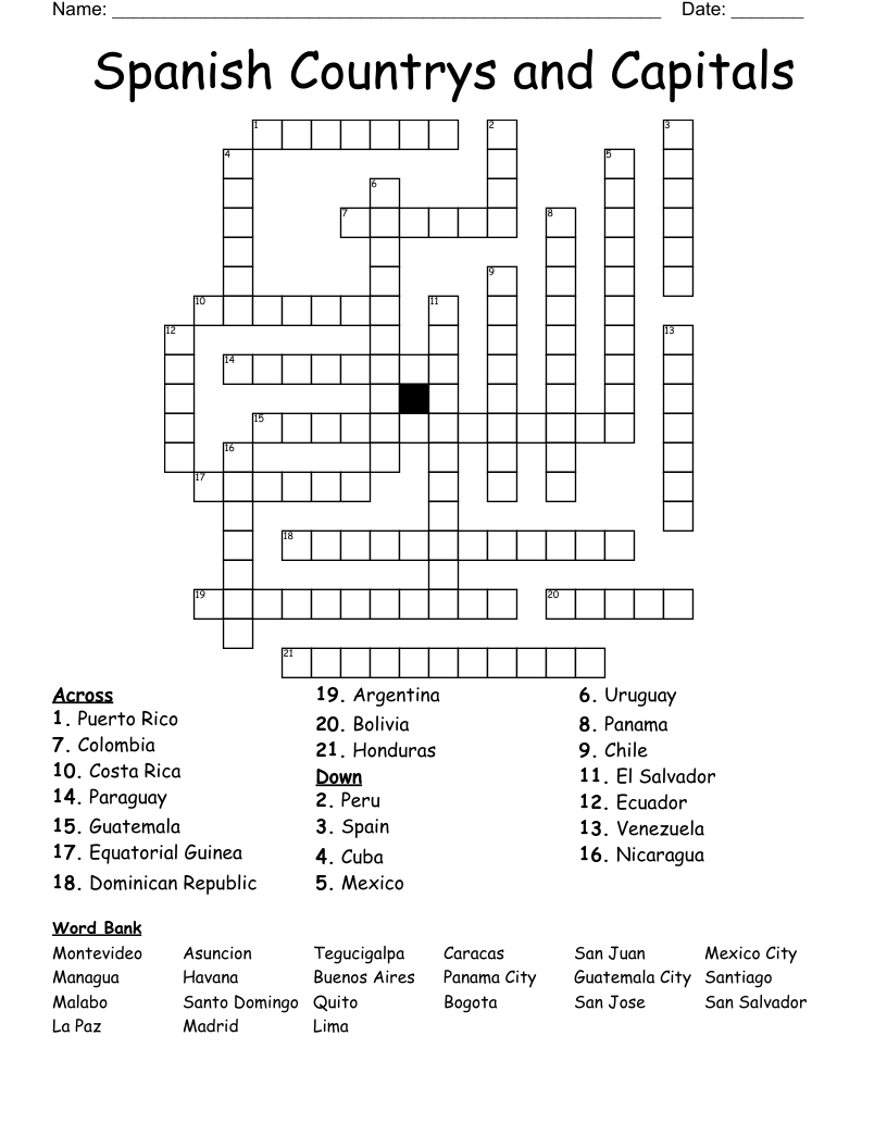 Spanish Countrys and Capitals Crossword