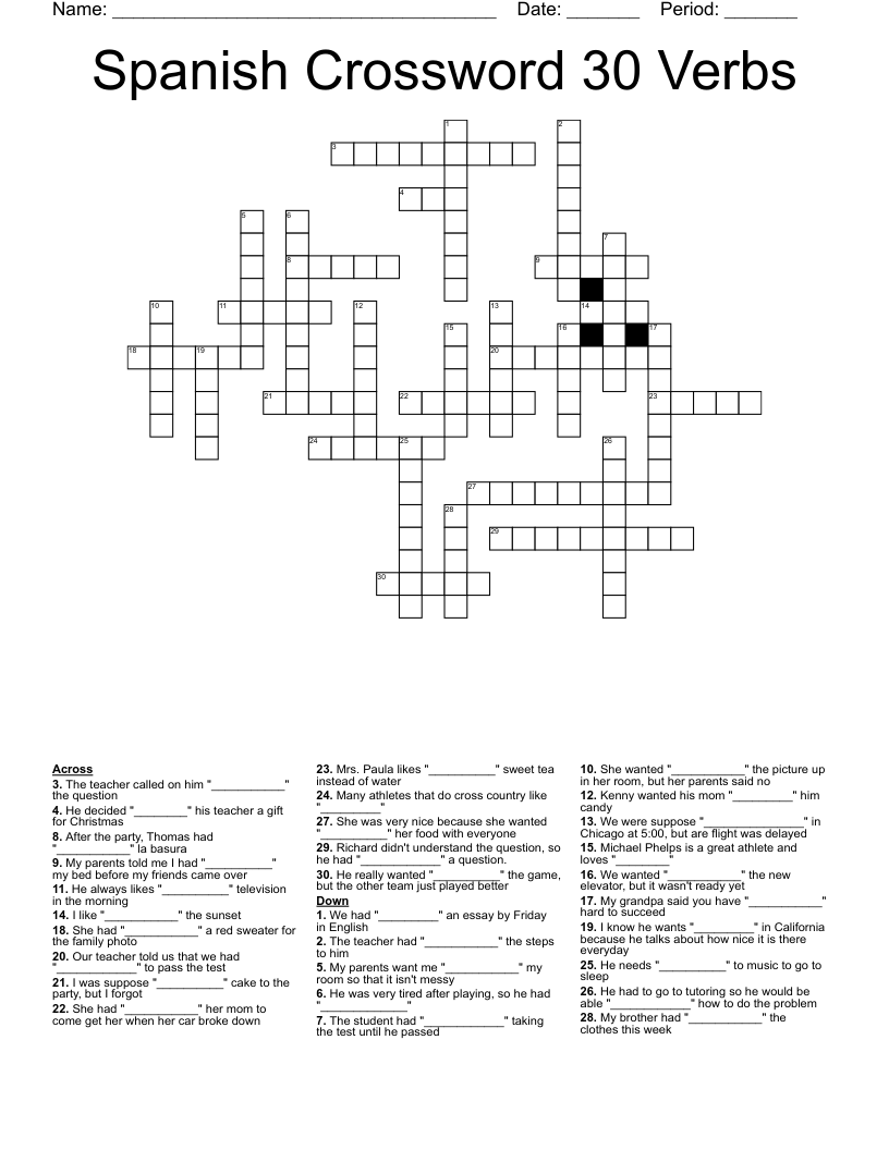 Spanish Crossword 30 Verbs