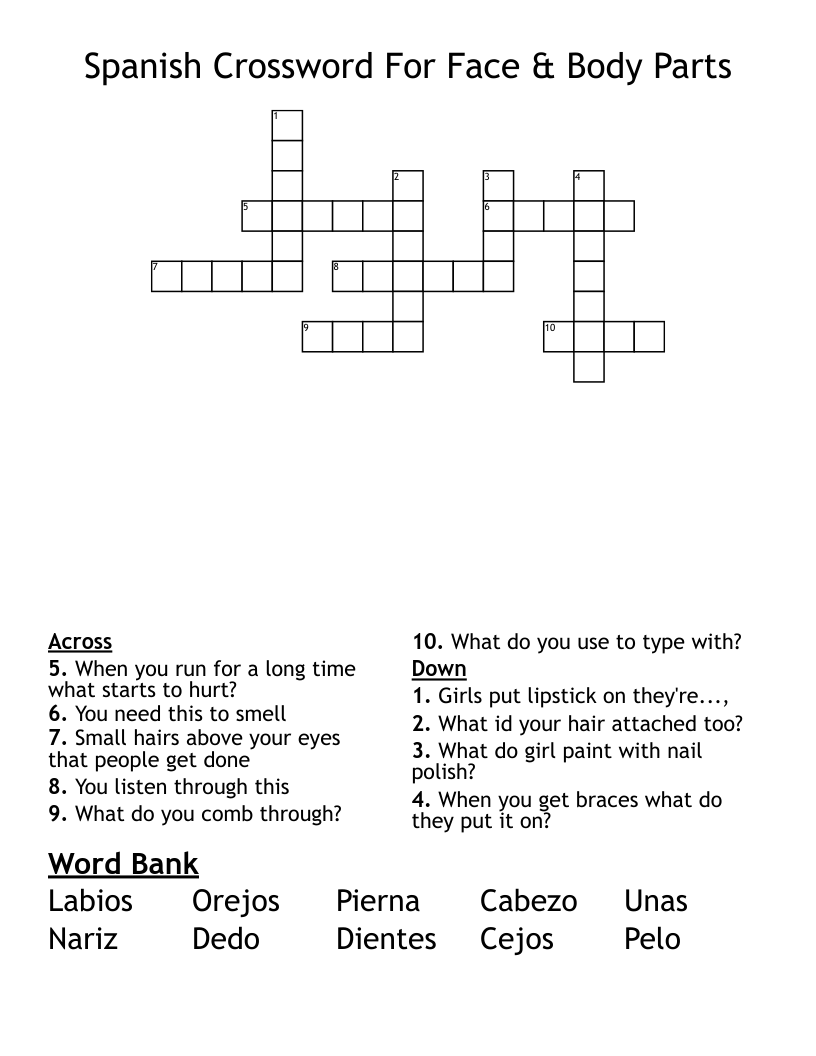 Spanish Crossword For Face & Body Parts
