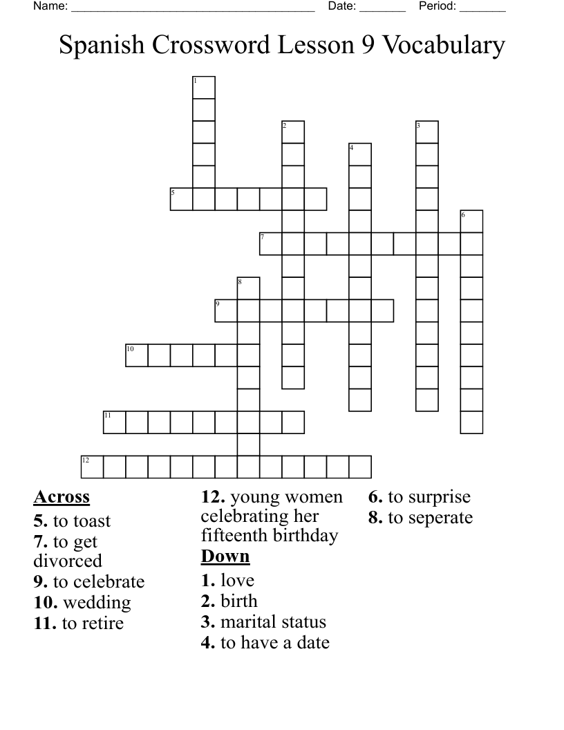 Spanish Crossword Lesson 9 Vocabulary