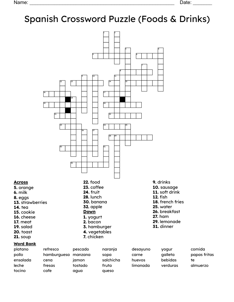 Spanish Crossword Puzzle (Foods & Drinks)