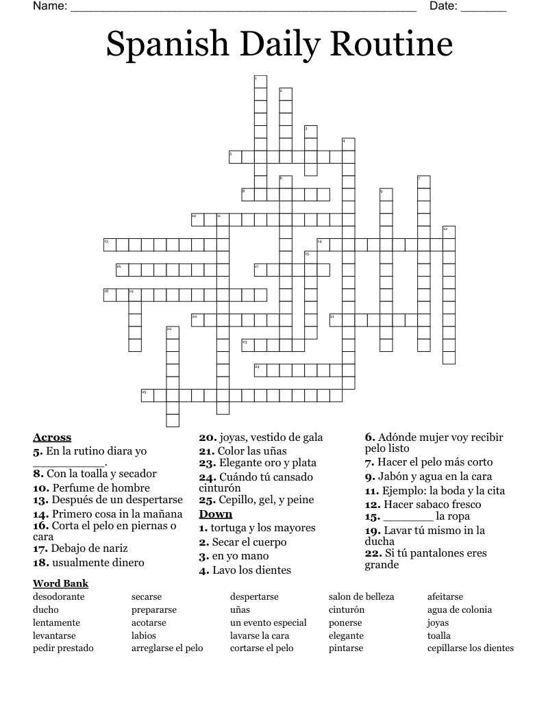 Spanish Daily Routine  Crossword