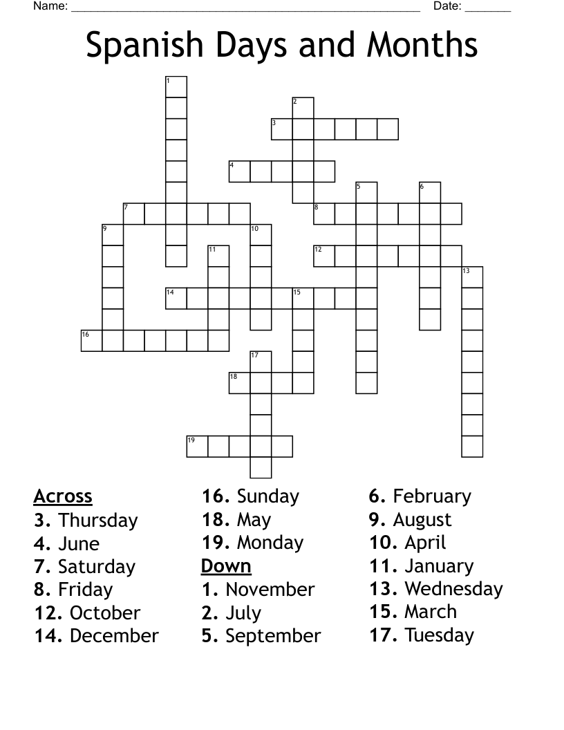 Spanish Days and Months Crossword