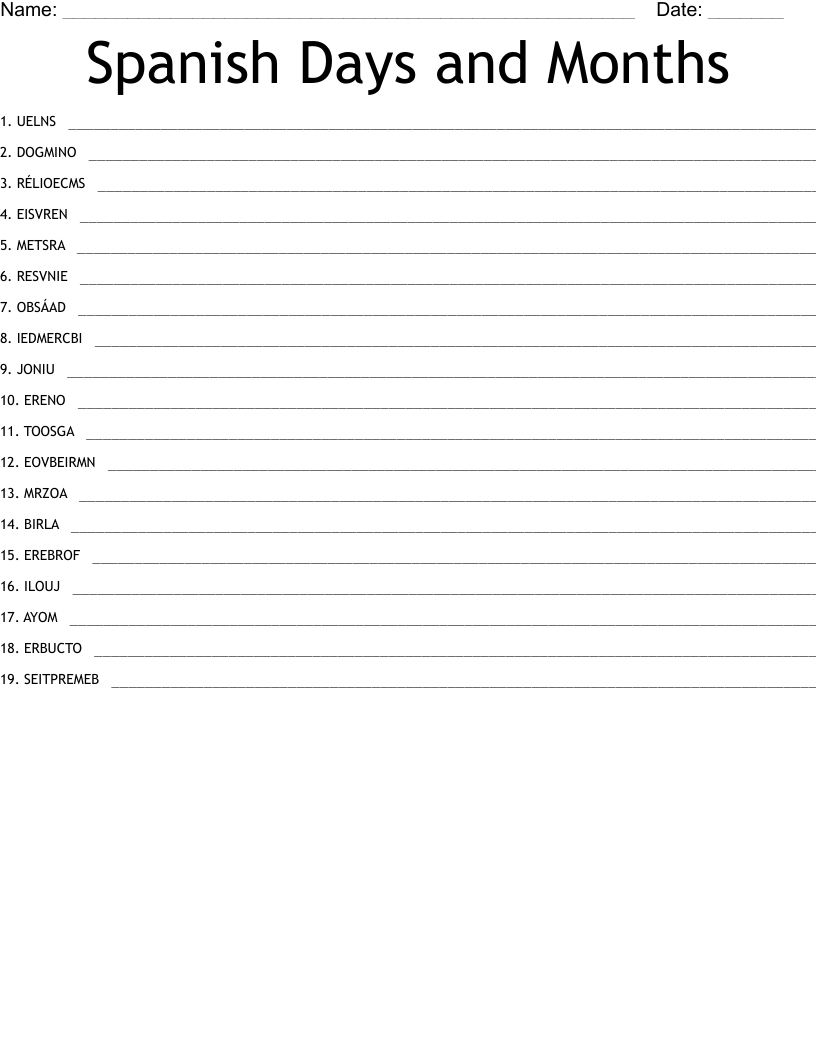 Spanish Days and Months Word Scramble