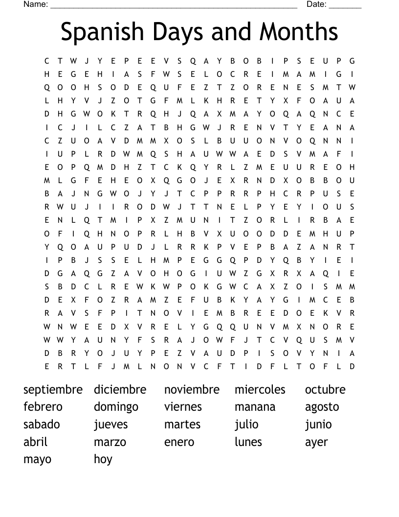 Spanish Days and Months Word Search