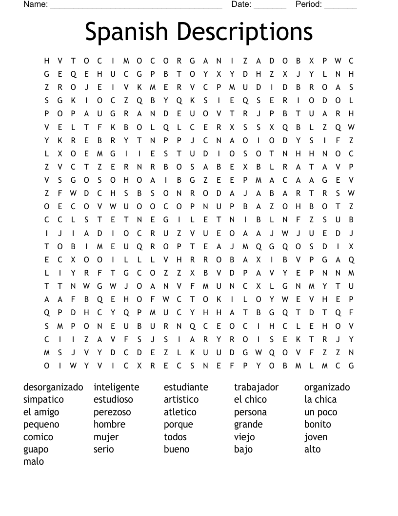 Spanish Descriptions Word Search