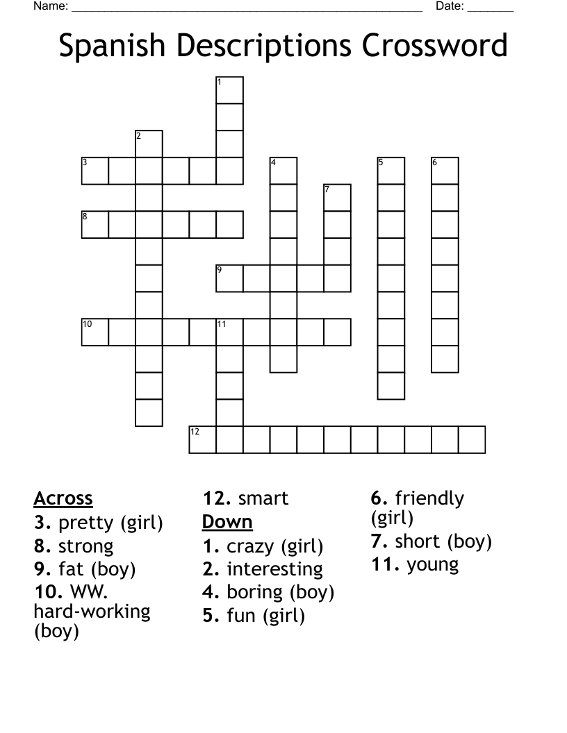 Spanish Descriptions Crossword