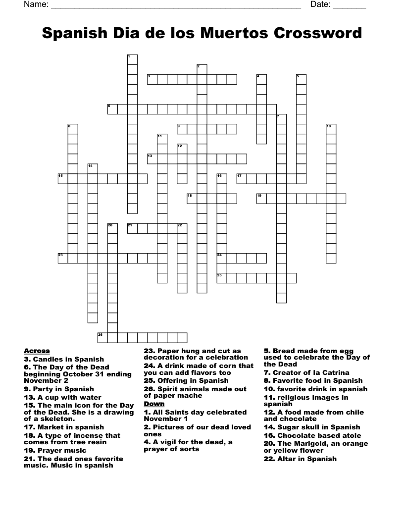 Spanish Dia de los Muertos Crossword
