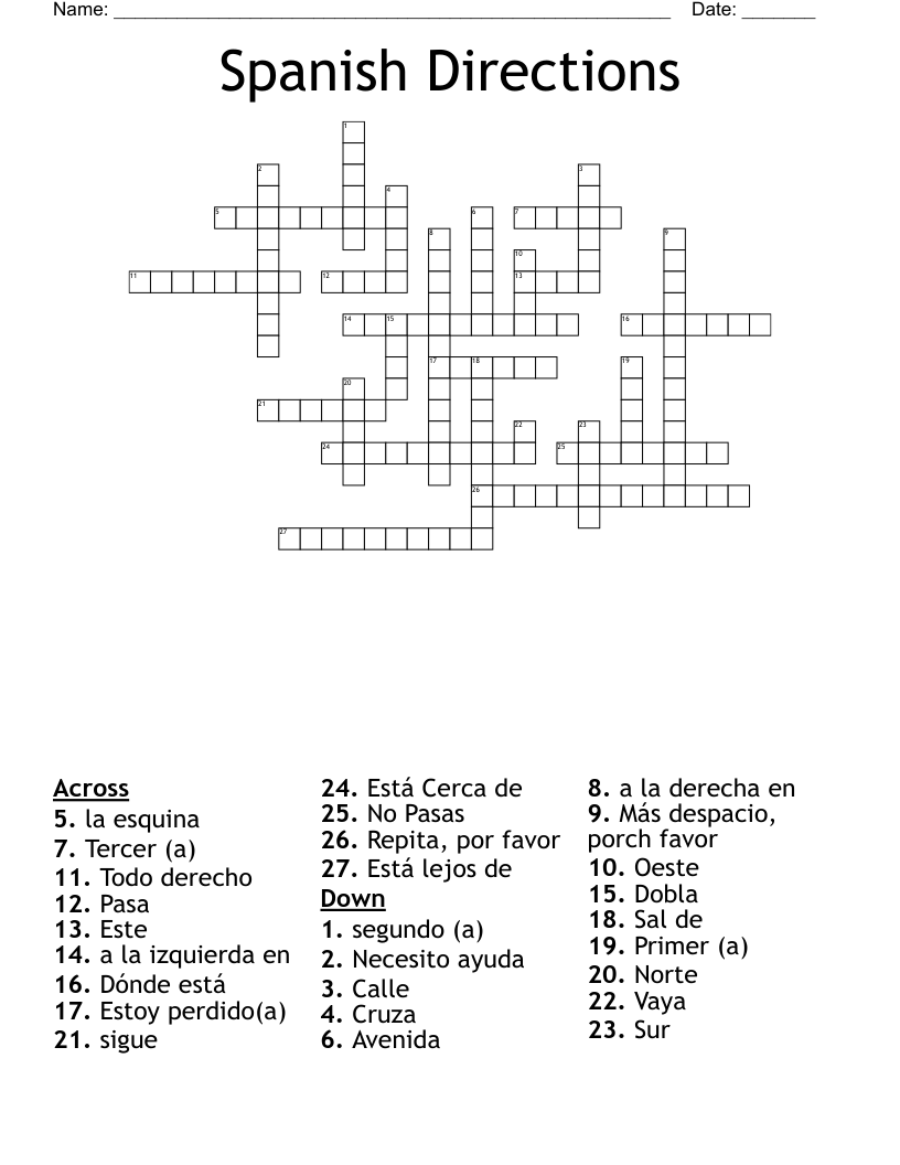 Spanish Directions Crossword