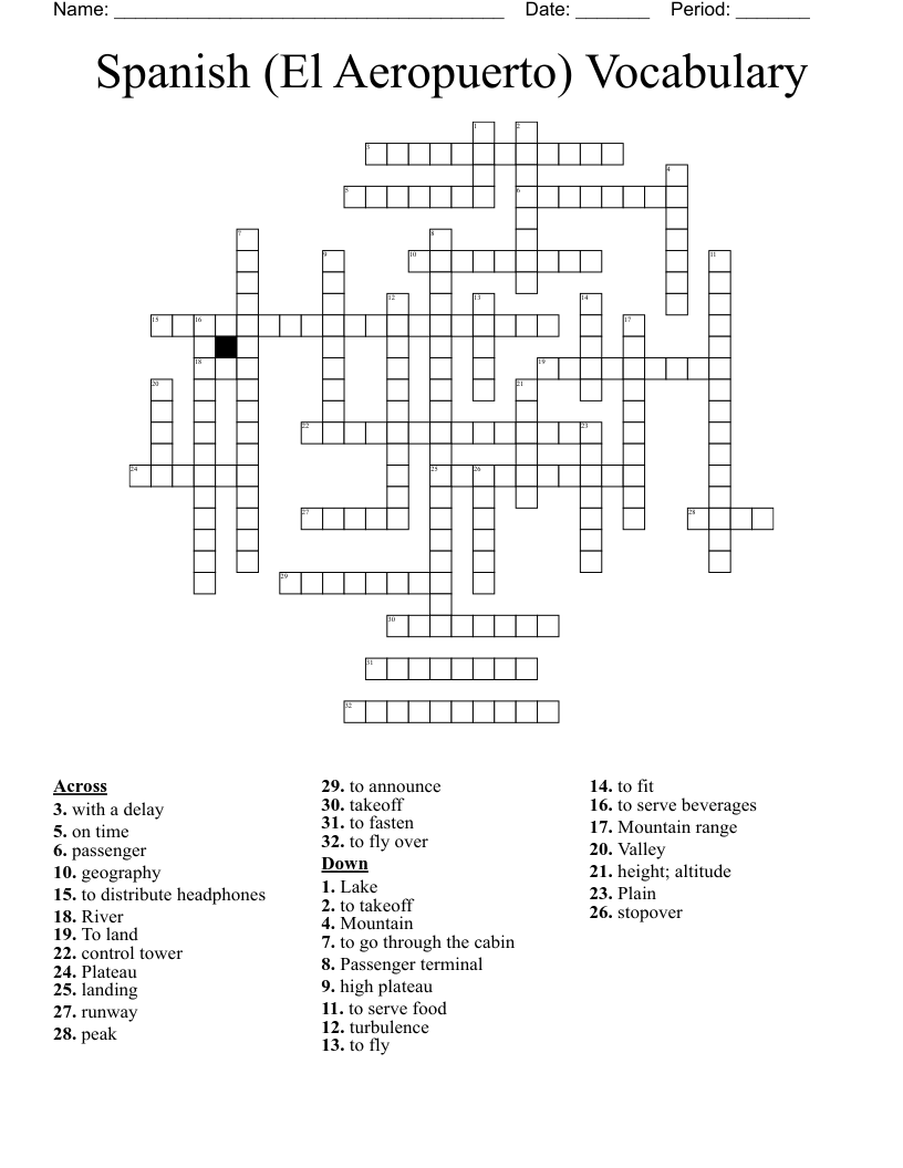 Spanish (El Aeropuerto) Vocabulary Crossword
