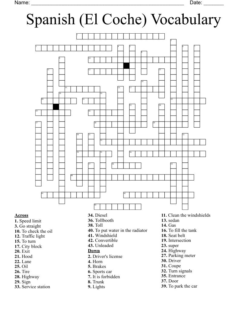 Spanish (El Coche) Vocabulary Crossword